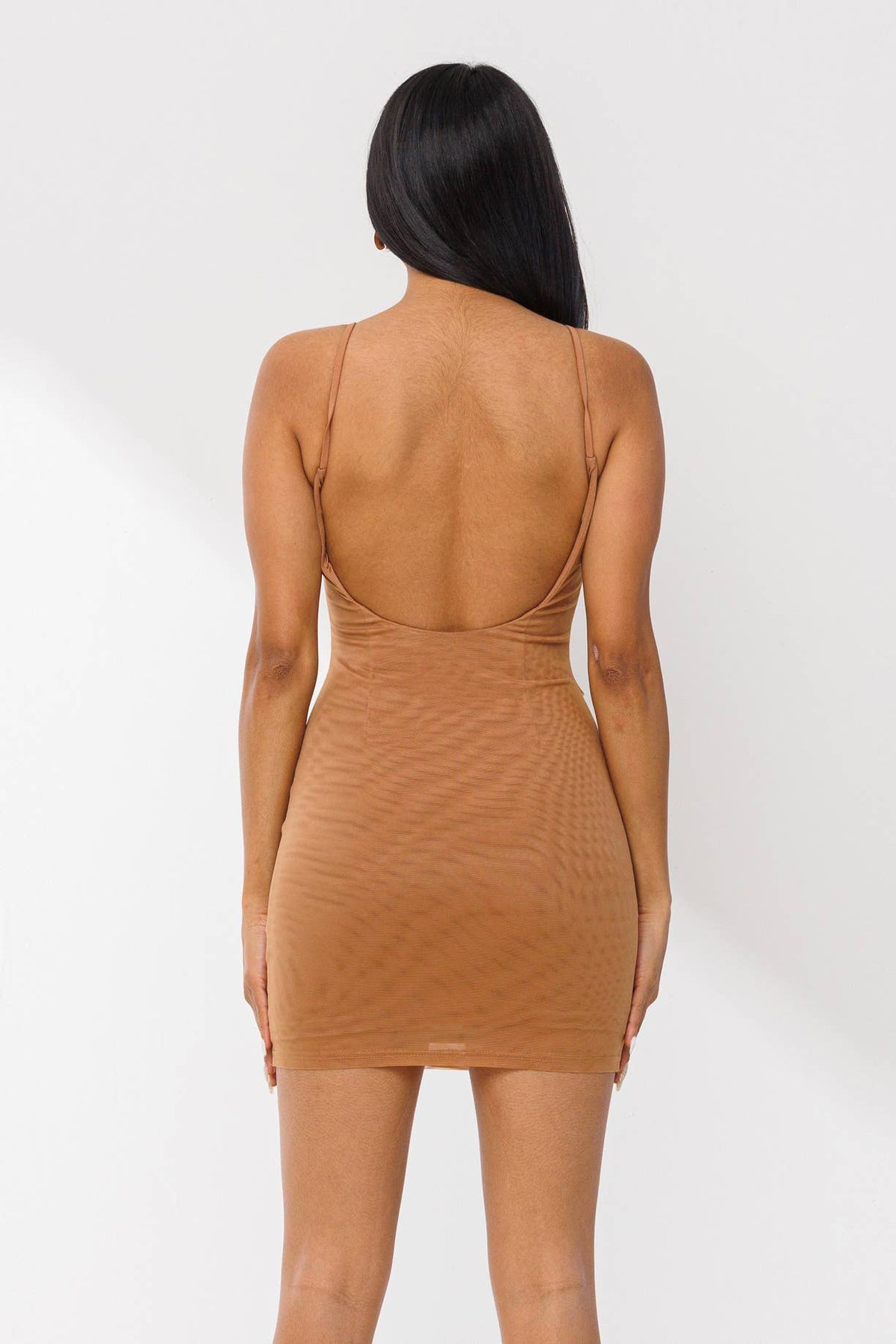 Soft mesh diagonal line detail open back mini dress