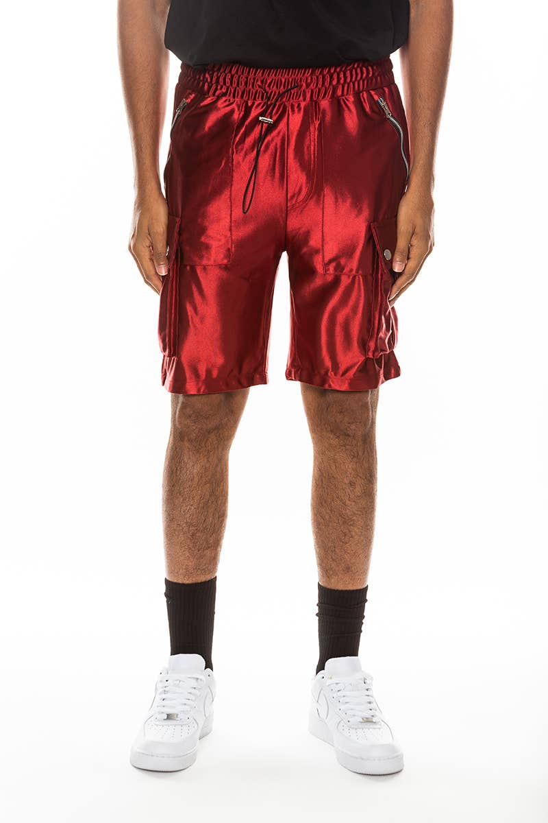 Mens Satin Cargo Utility Shorts with Snap Button Pockets