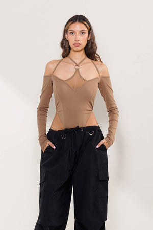 Diamond mesh details and strappy long sleeves bodysuit