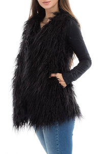 Shaggy Faux Fur Vest With Hook And Pockets