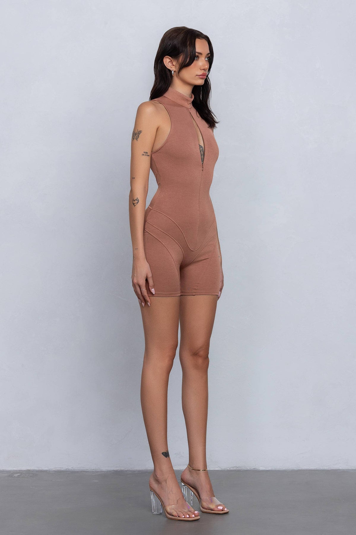 Soft & lightweight mockneck romper w/zipper detail
