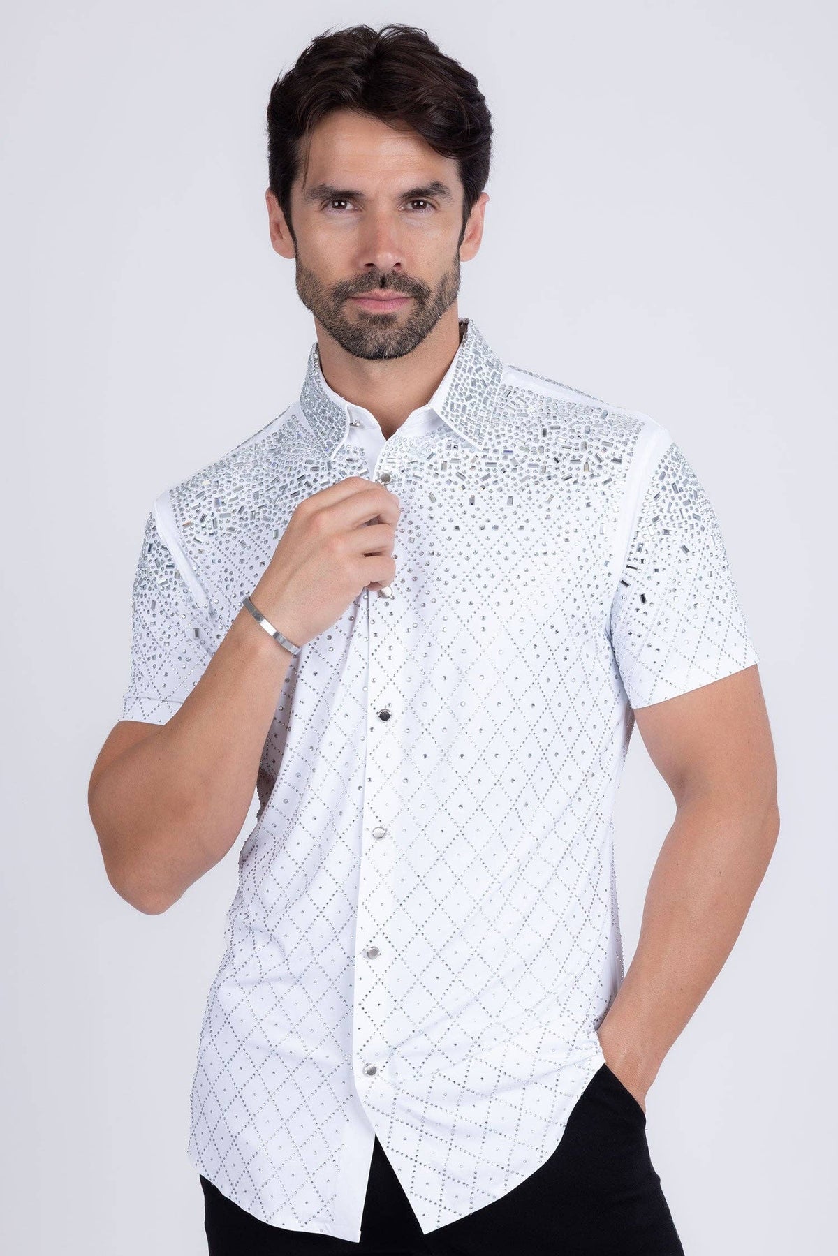 Men's Rhinestone Stretch Short Sleeve Shirt