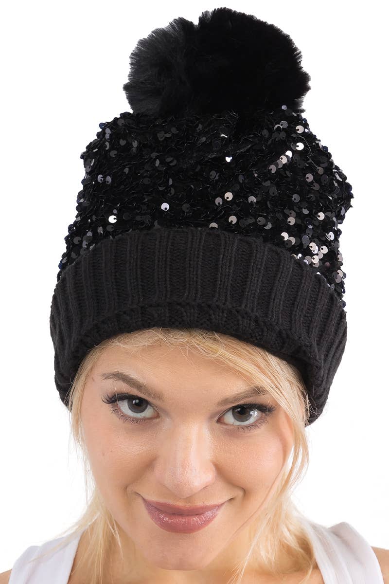 Bedazzled Metallic Sequins Knitted Pom Pom Beanie