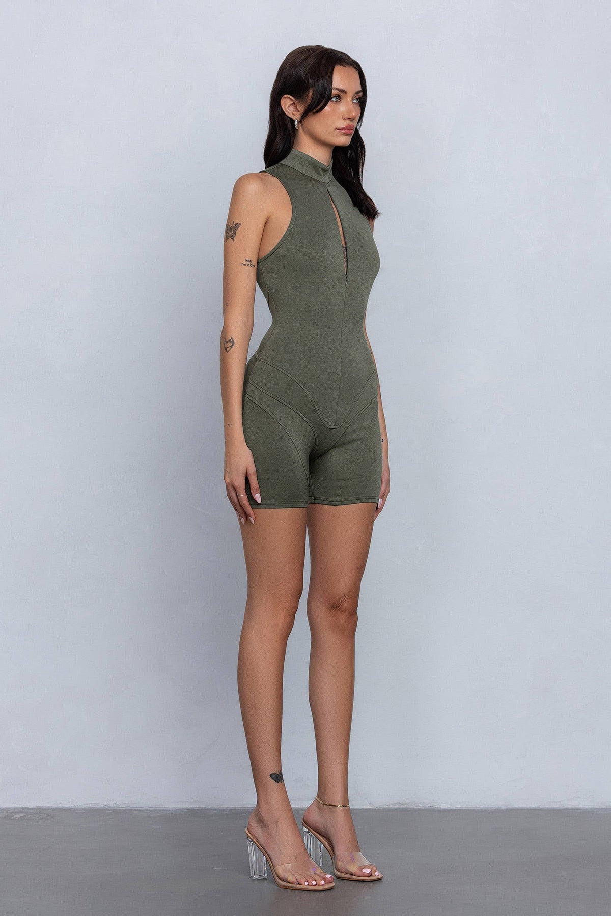 Soft & lightweight mockneck romper w/zipper detail