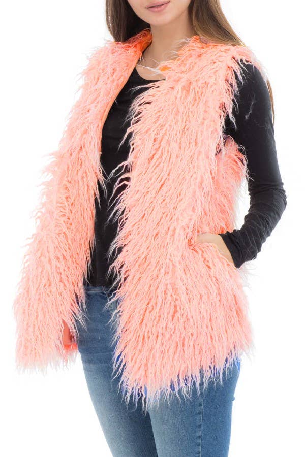 Shaggy Faux Fur Vest With Hook And Pockets