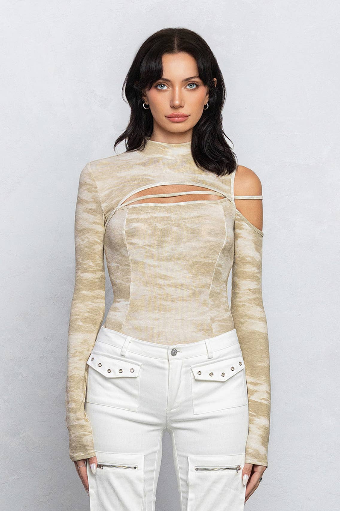 Marble printed ribbed mock-neck bodysuit