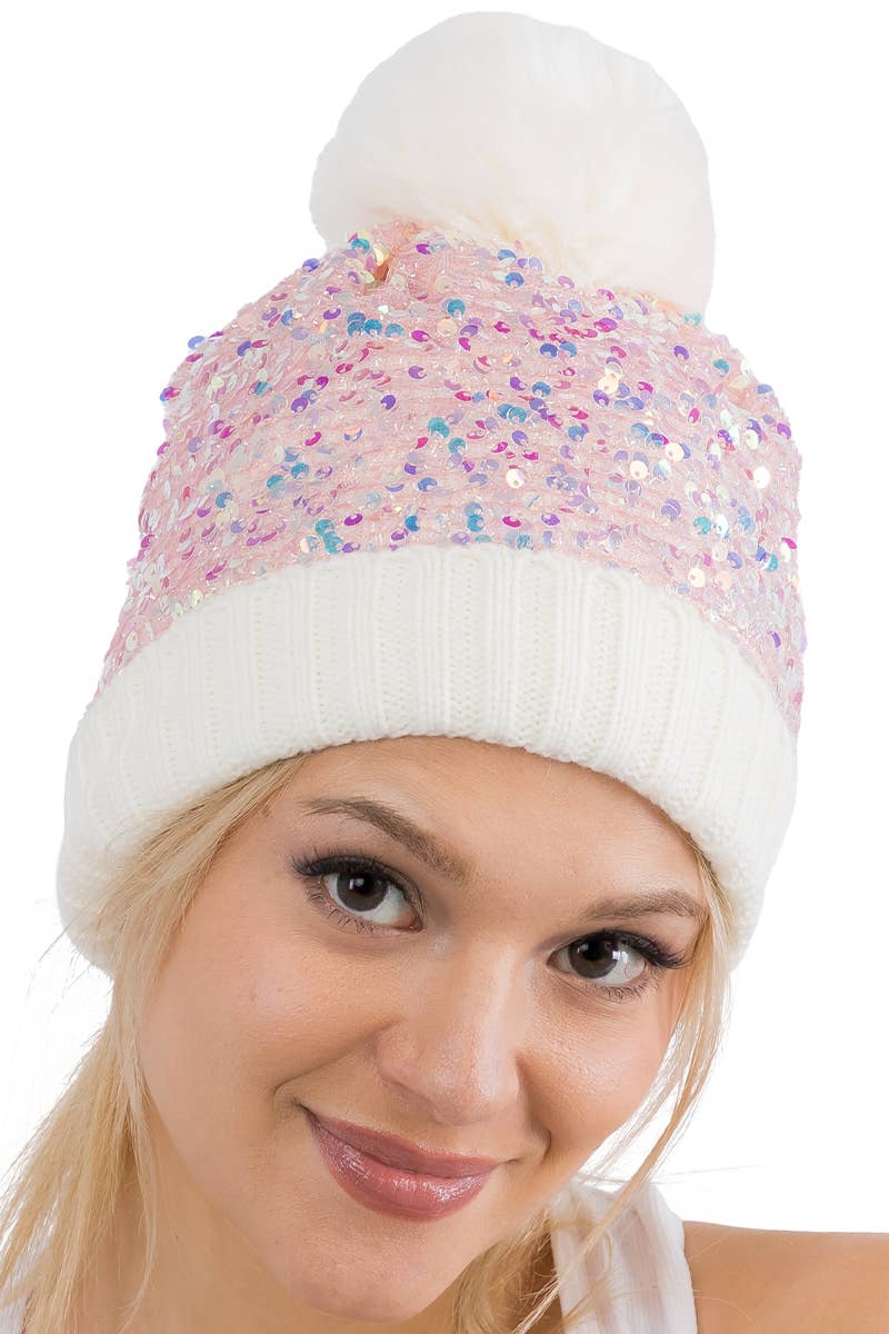 Bedazzled Metallic Sequins Knitted Pom Pom Beanie