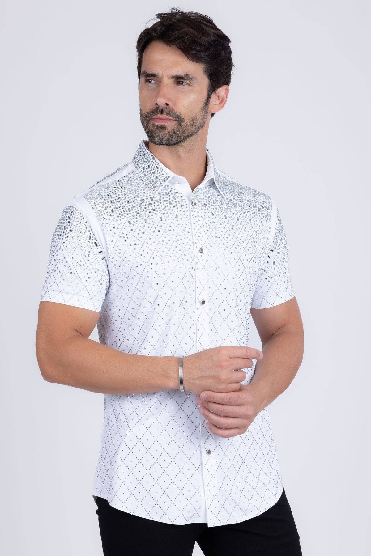 Men's Rhinestone Stretch Short Sleeve Shirt