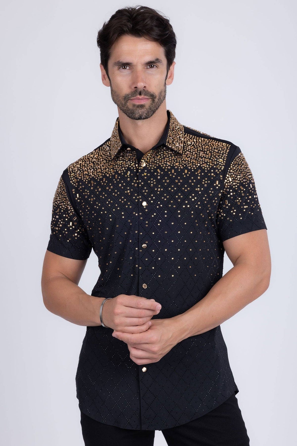 Men's Rhinestone Stretch Short Sleeve Shirt