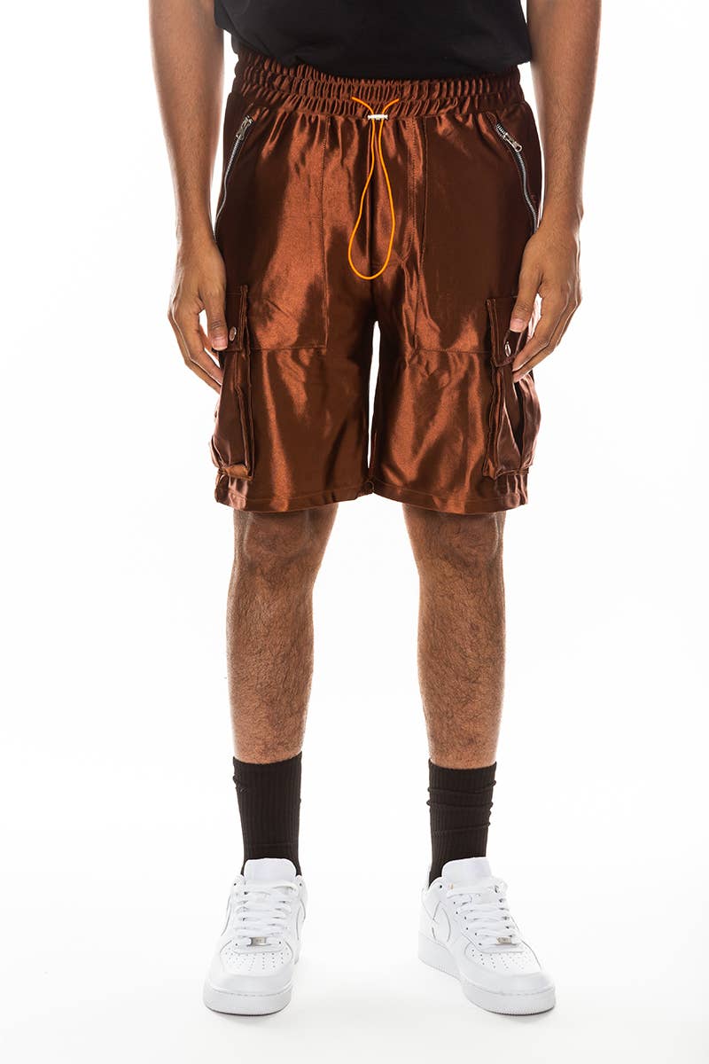 Mens Satin Cargo Utility Shorts with Snap Button Pockets