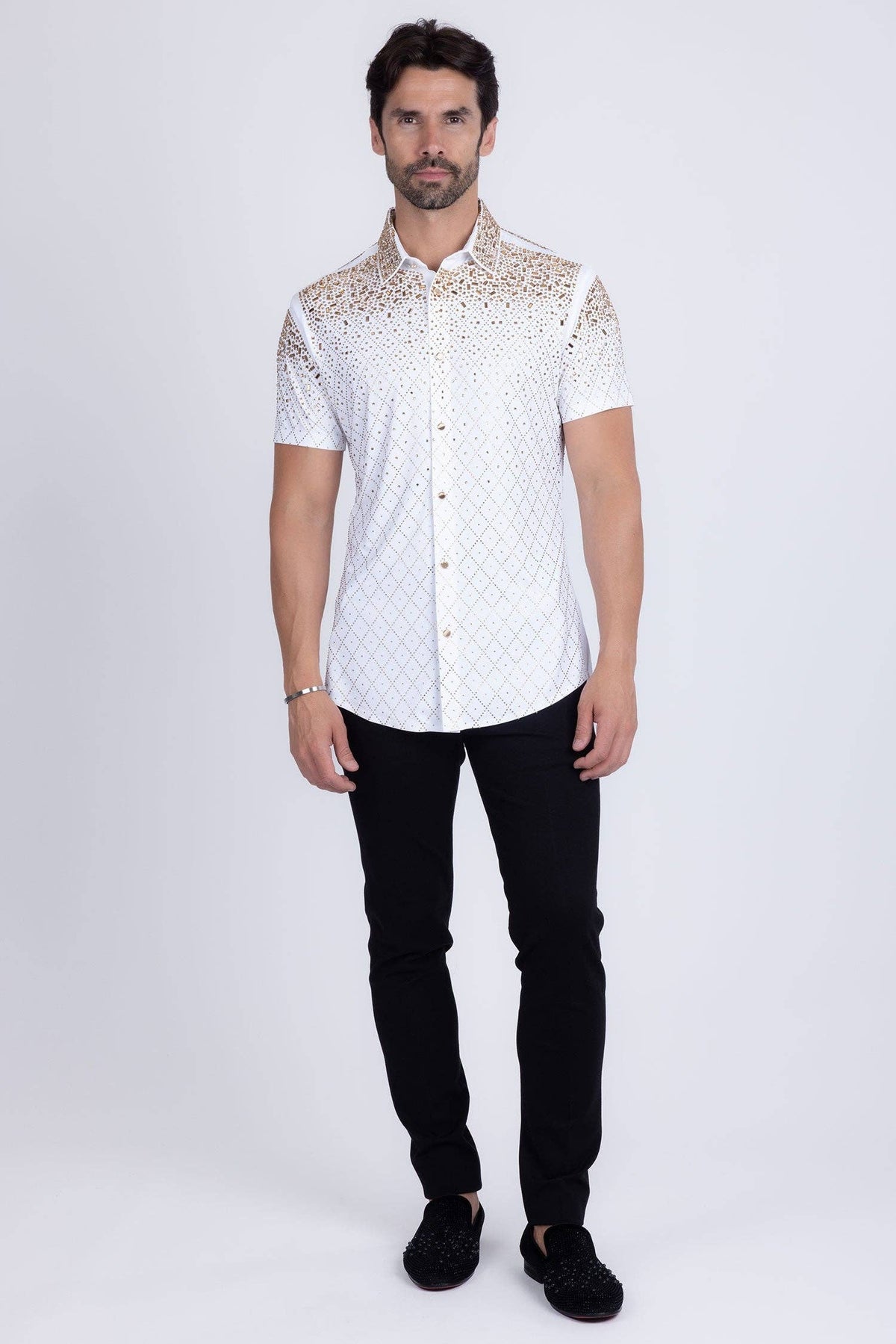 Men's Rhinestone Stretch Short Sleeve Shirt
