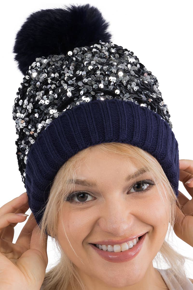 Bedazzled Metallic Sequins Knitted Pom Pom Beanie