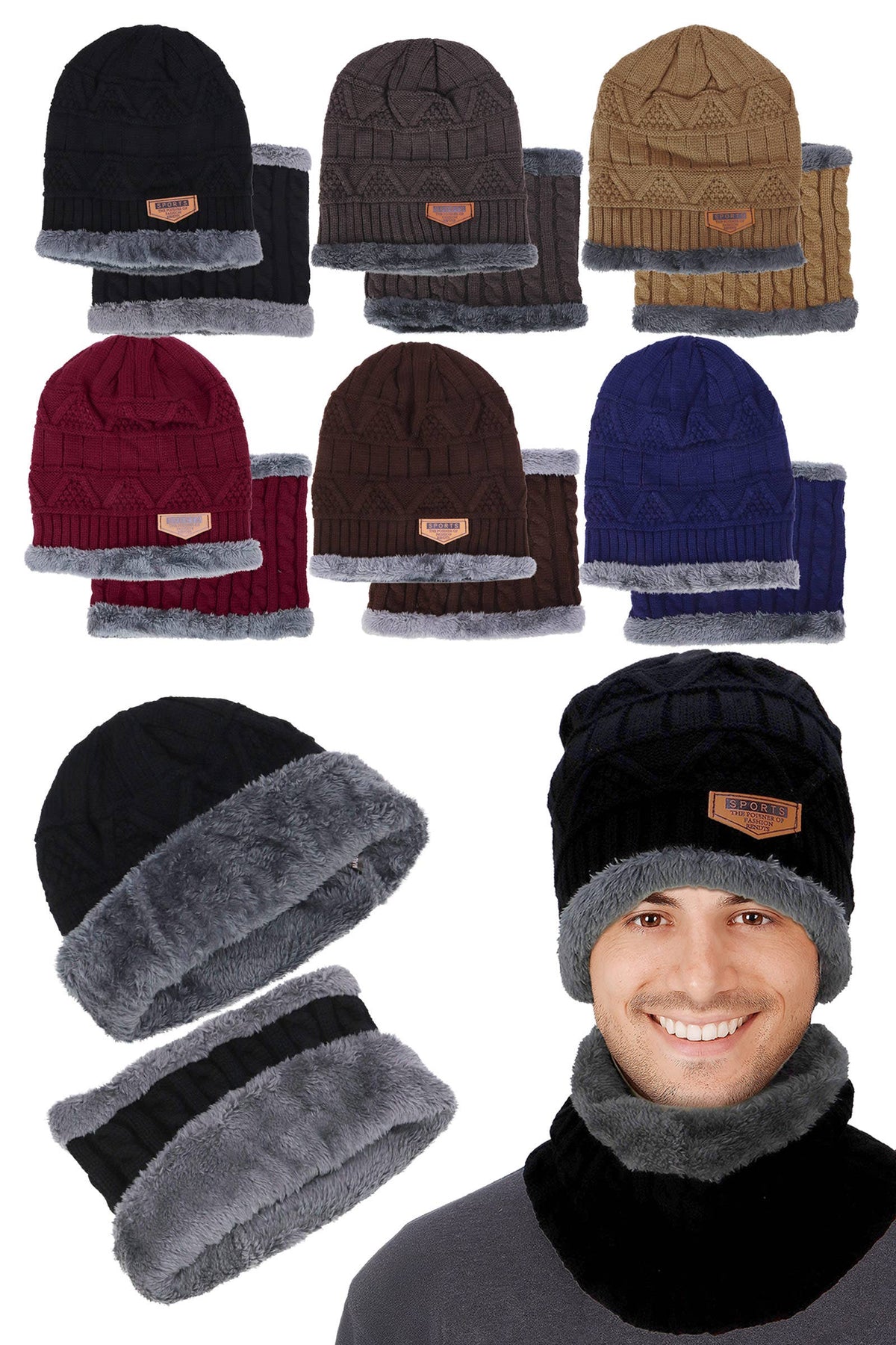 Dark Neutrals 2-piece Knit Fur Beanie Scarf