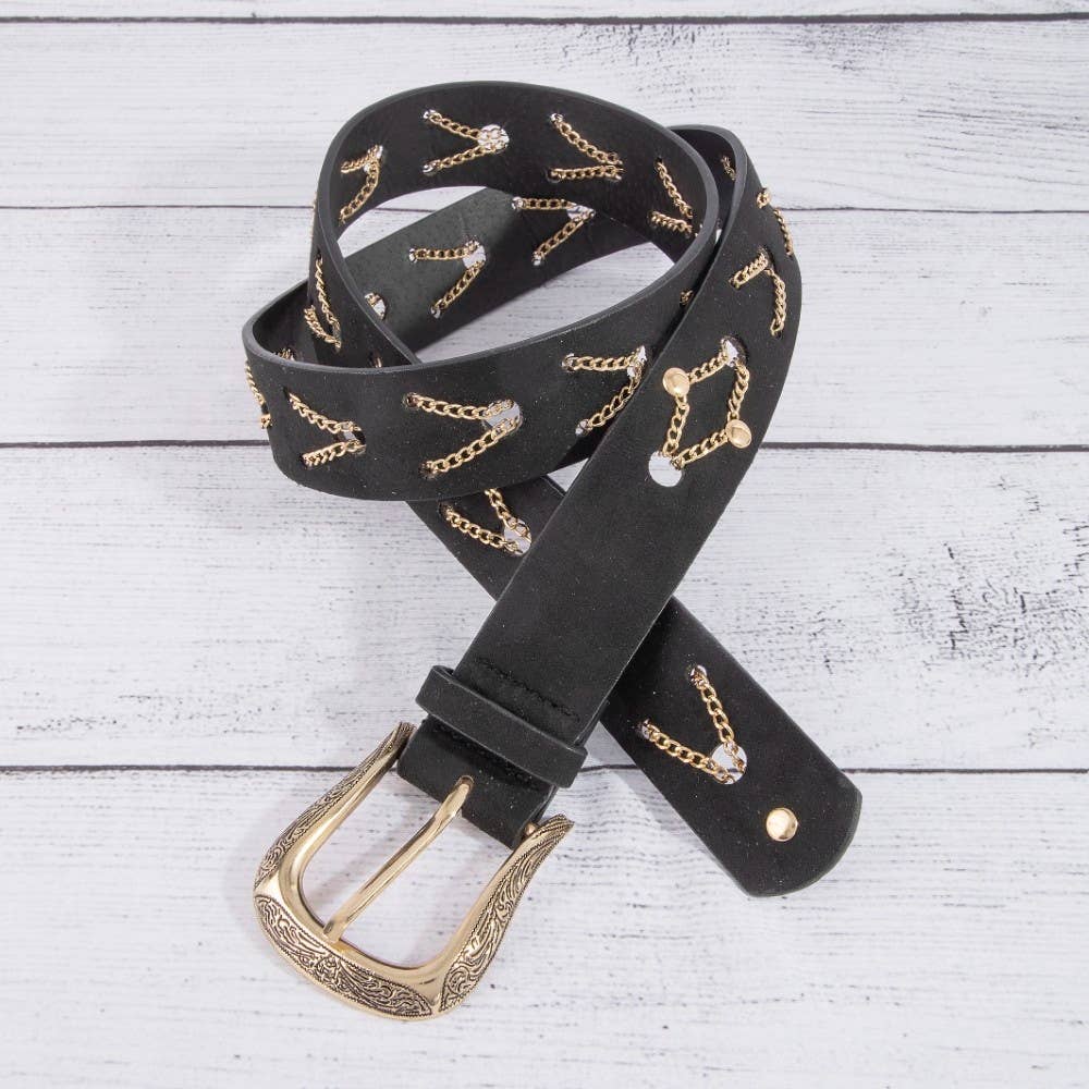 Chain Pattern Detail Vegan Leather Belt