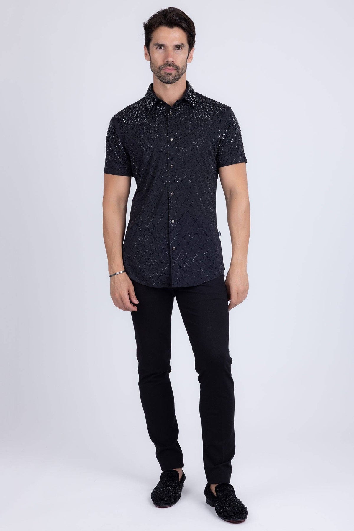 Men's Rhinestone Stretch Short Sleeve Shirt