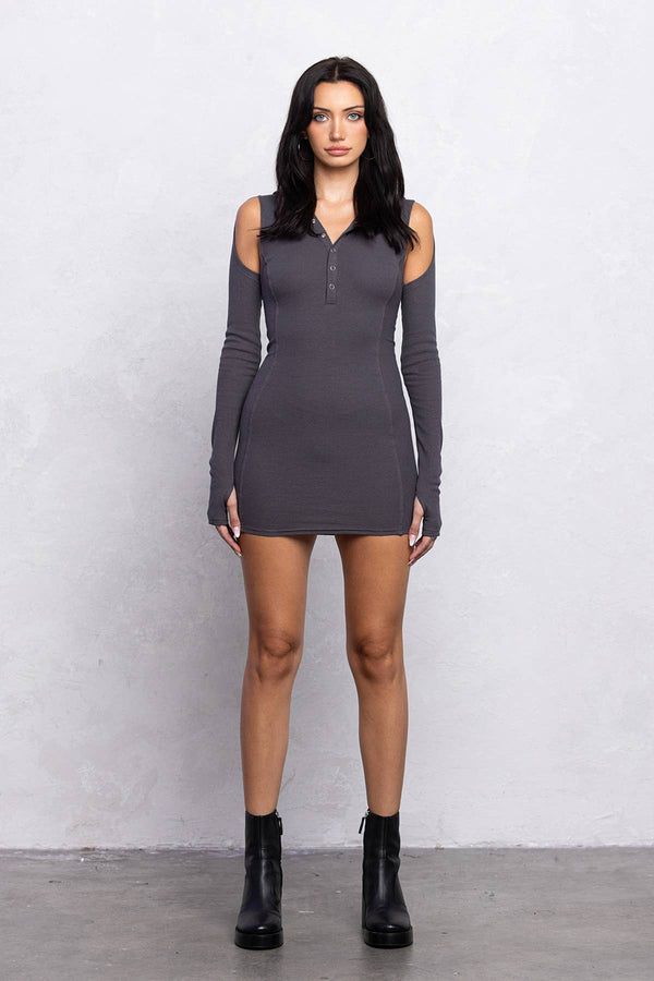 Ribbed hoodie mini dress w/ cut out details