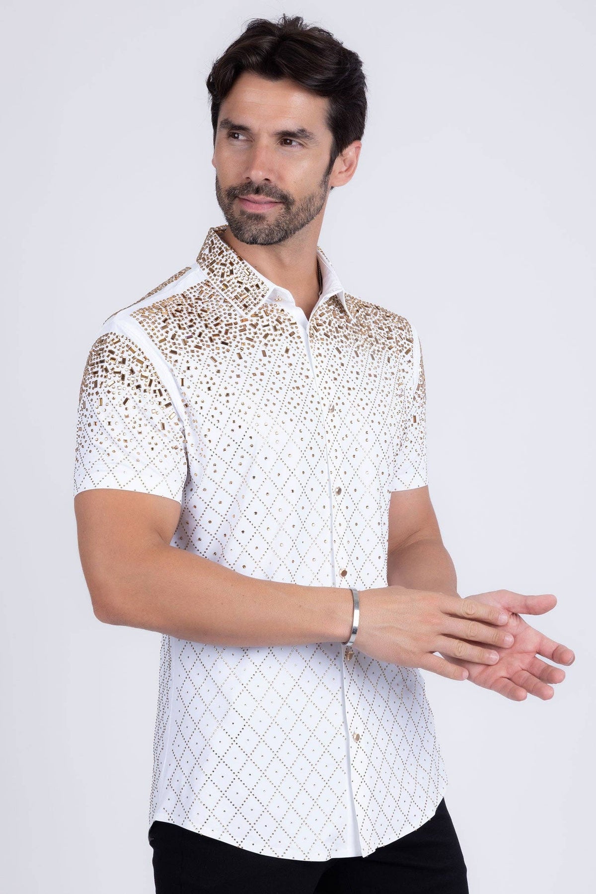 Men's Rhinestone Stretch Short Sleeve Shirt