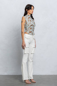 Printed mesh mock-neck sleeveless bodysuit