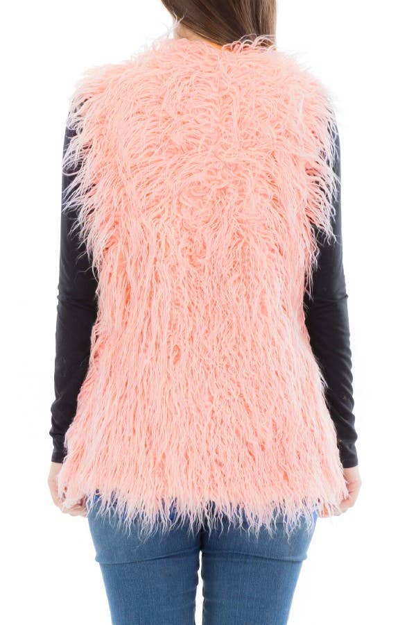 Shaggy Faux Fur Vest With Hook And Pockets