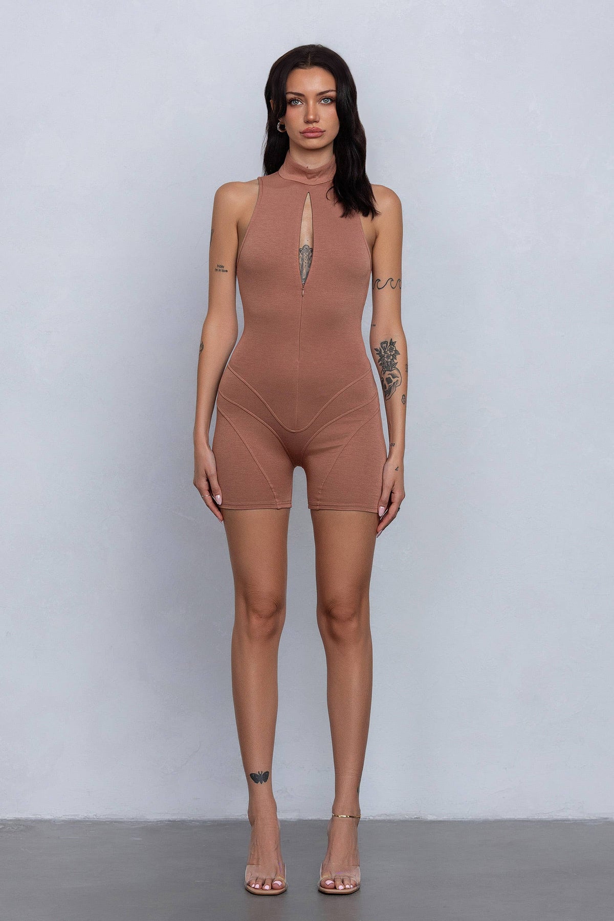Soft & lightweight mockneck romper w/zipper detail