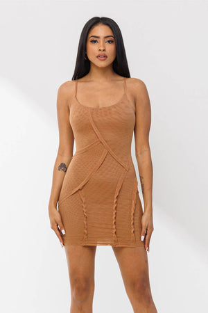 Soft mesh diagonal line detail open back mini dress