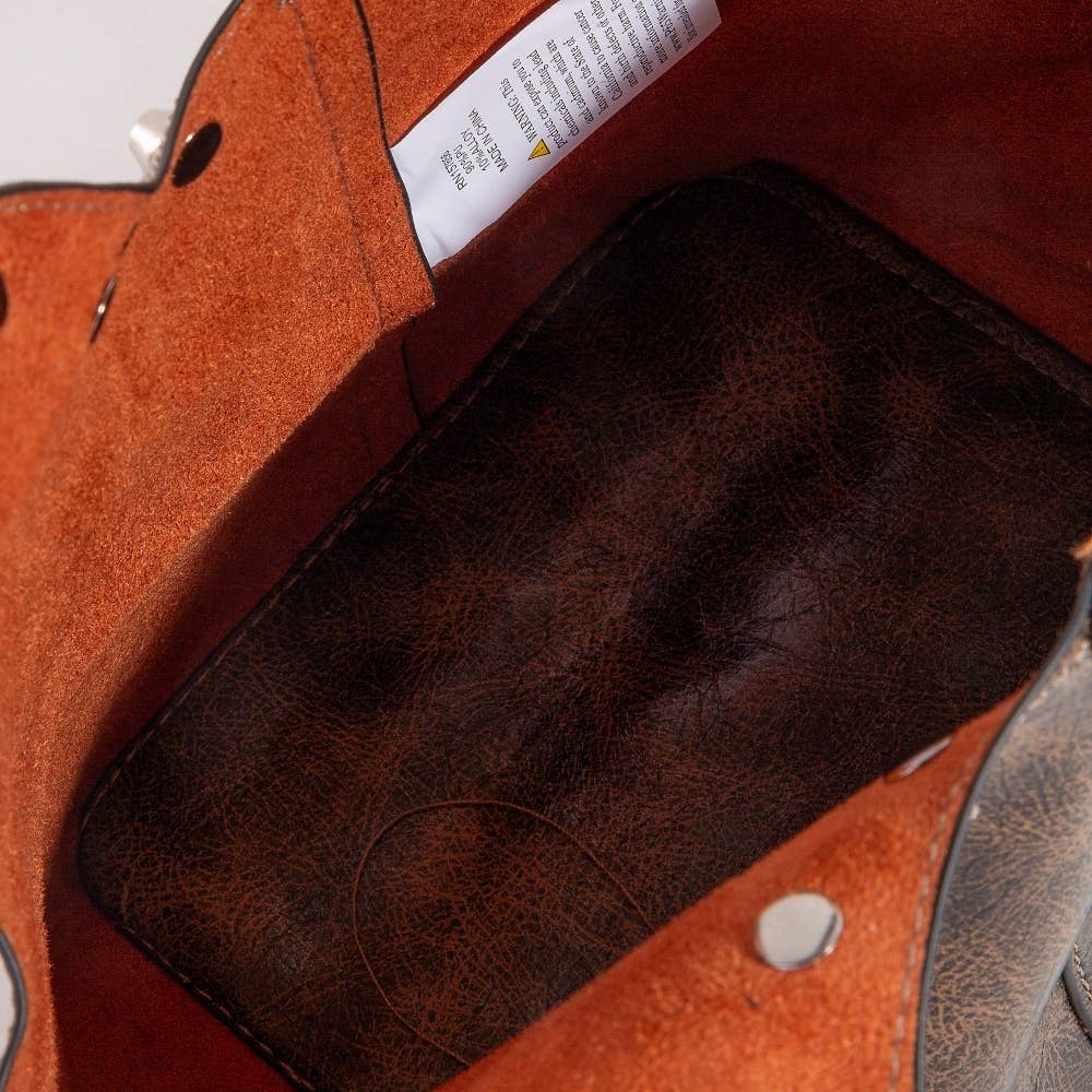 Weathered Leather And Studs Bucket Bag