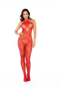 Red Heart Fishnet Bodystocking with Rhinestone