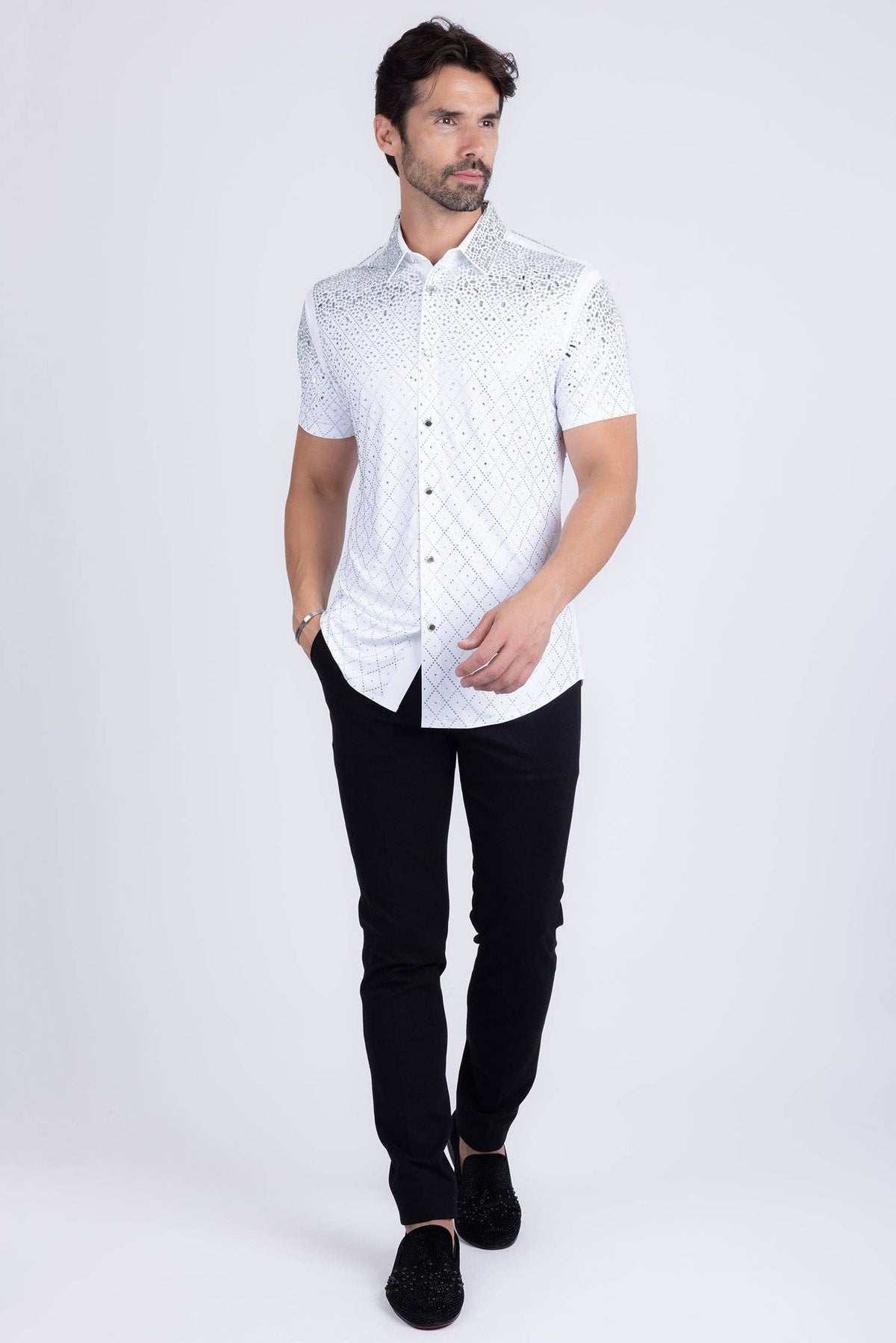 Men's Rhinestone Stretch Short Sleeve Shirt