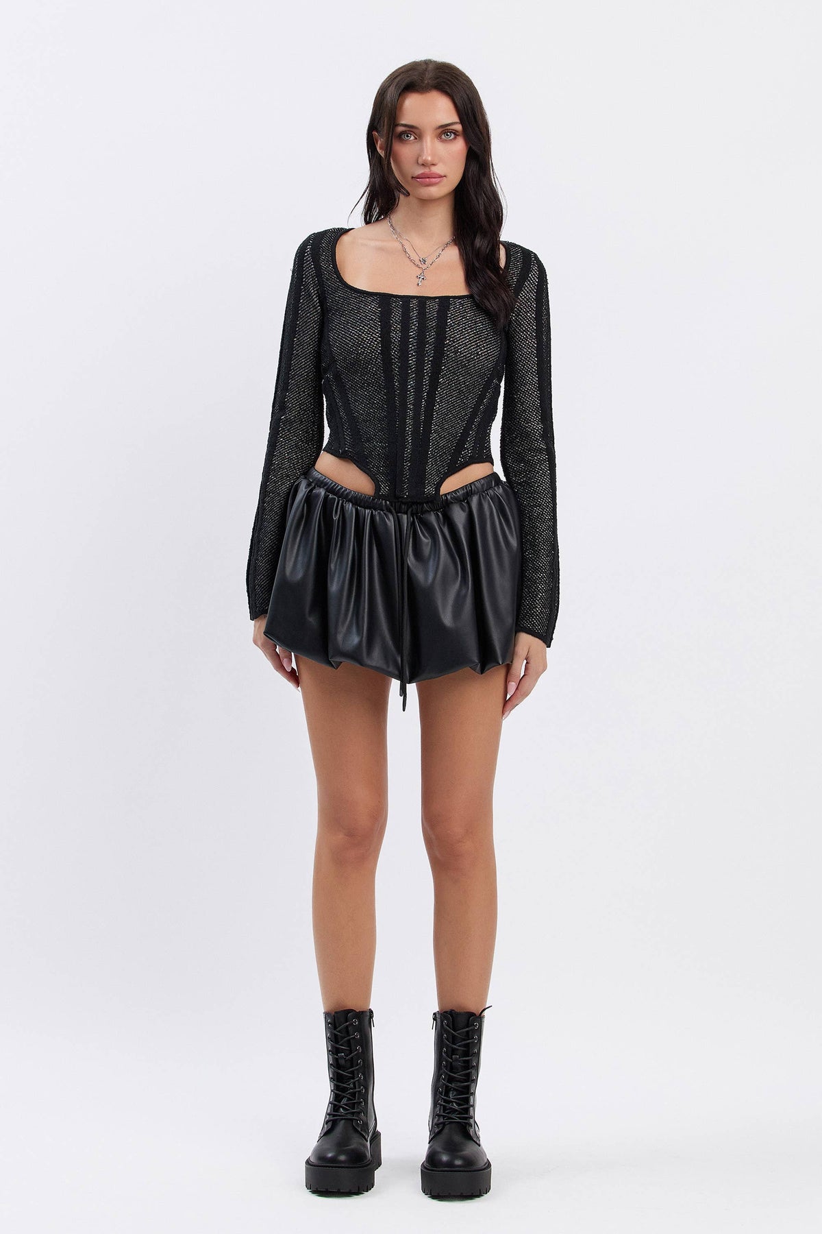Jacquard scoop knit sweater top w/ boning