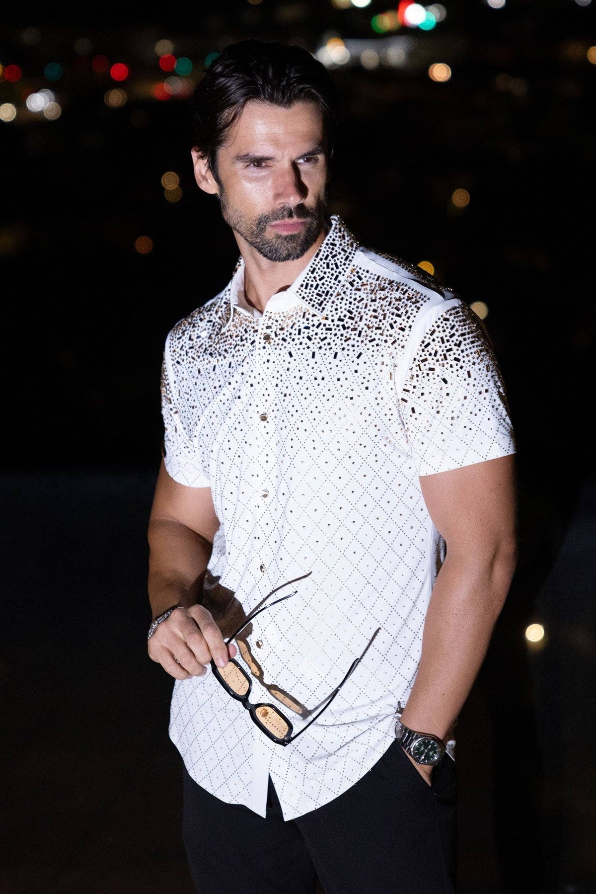 Men's Rhinestone Stretch Short Sleeve Shirt