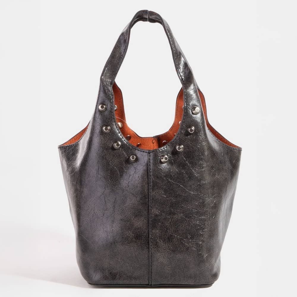 Weathered Leather And Studs Bucket Bag