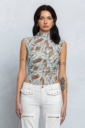 Printed mesh mock-neck sleeveless bodysuit