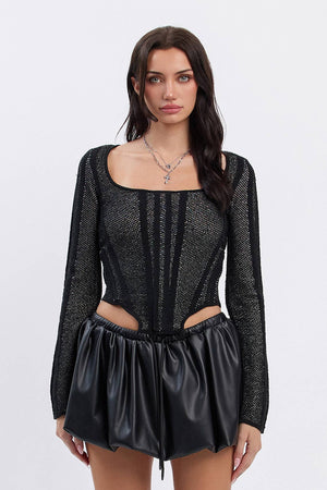 Jacquard scoop knit sweater top w/ boning
