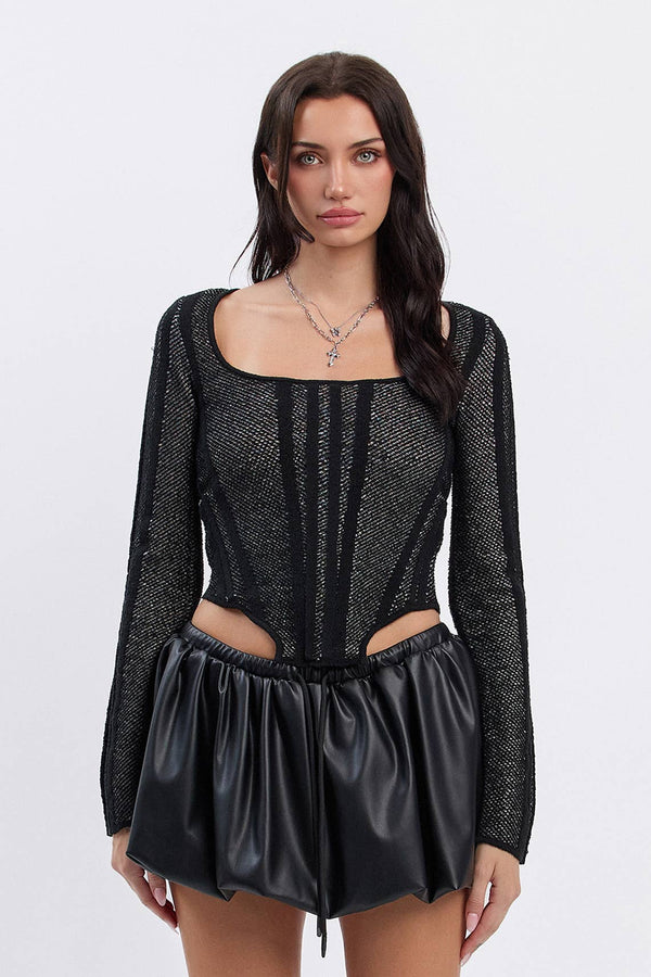 Jacquard scoop knit sweater top w/ boning