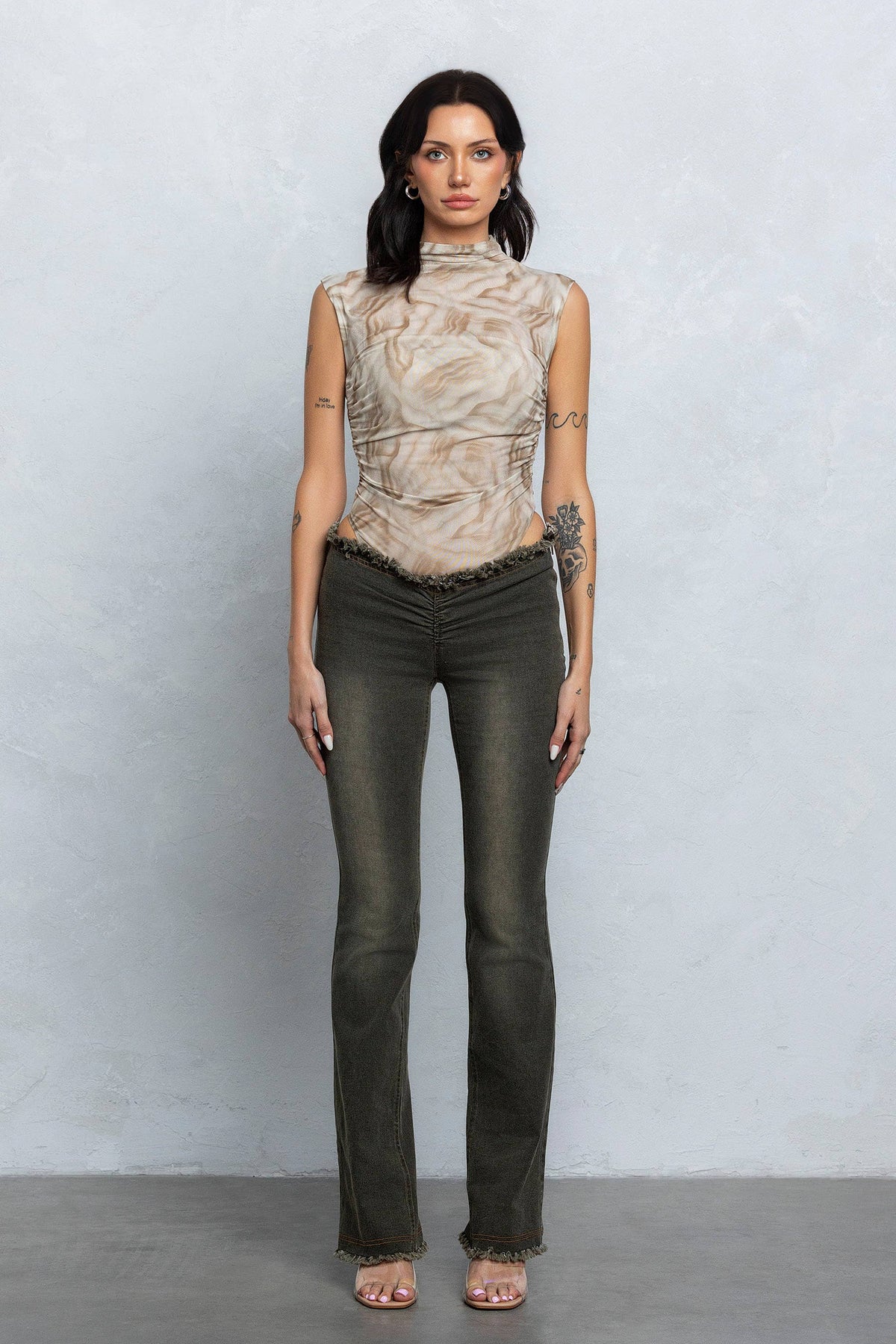 Printed mesh mock-neck sleeveless bodysuit