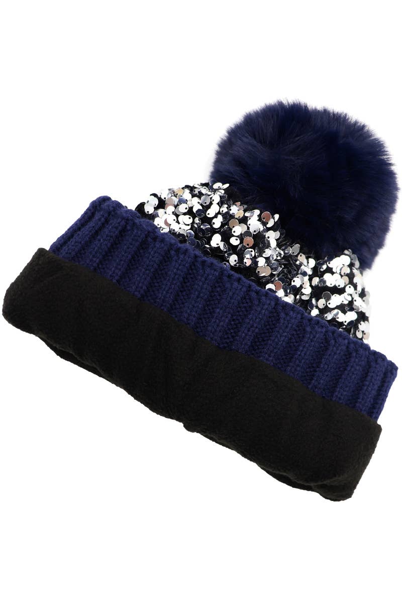 Bedazzled Metallic Sequins Knitted Pom Pom Beanie