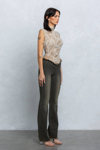 Printed mesh mock-neck sleeveless bodysuit