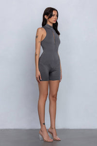 Soft & lightweight mockneck romper w/zipper detail