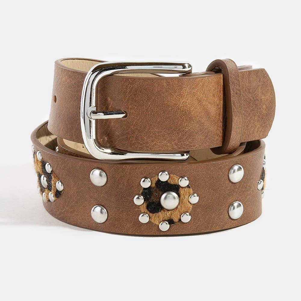 Cheetah Patch Studded Faux Leather Belt