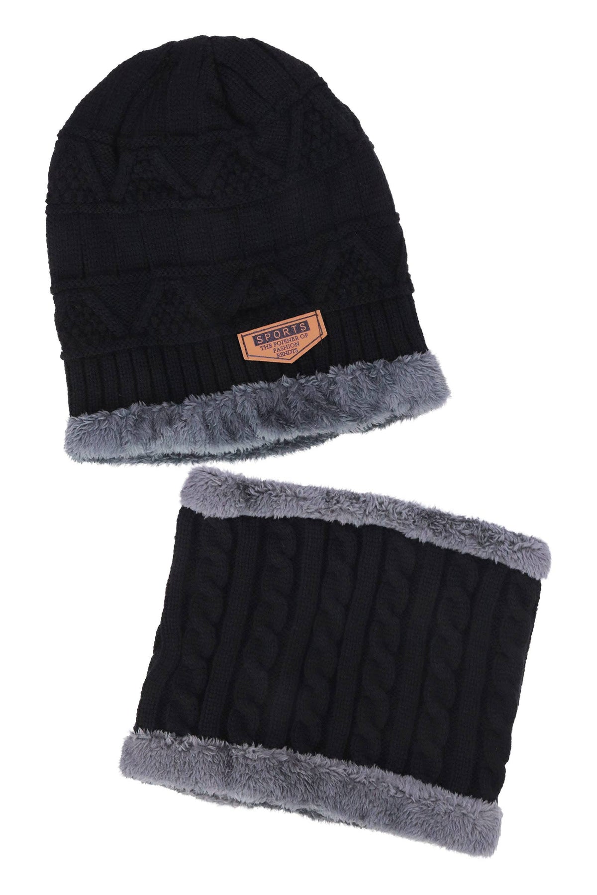 Dark Neutrals 2-piece Knit Fur Beanie Scarf