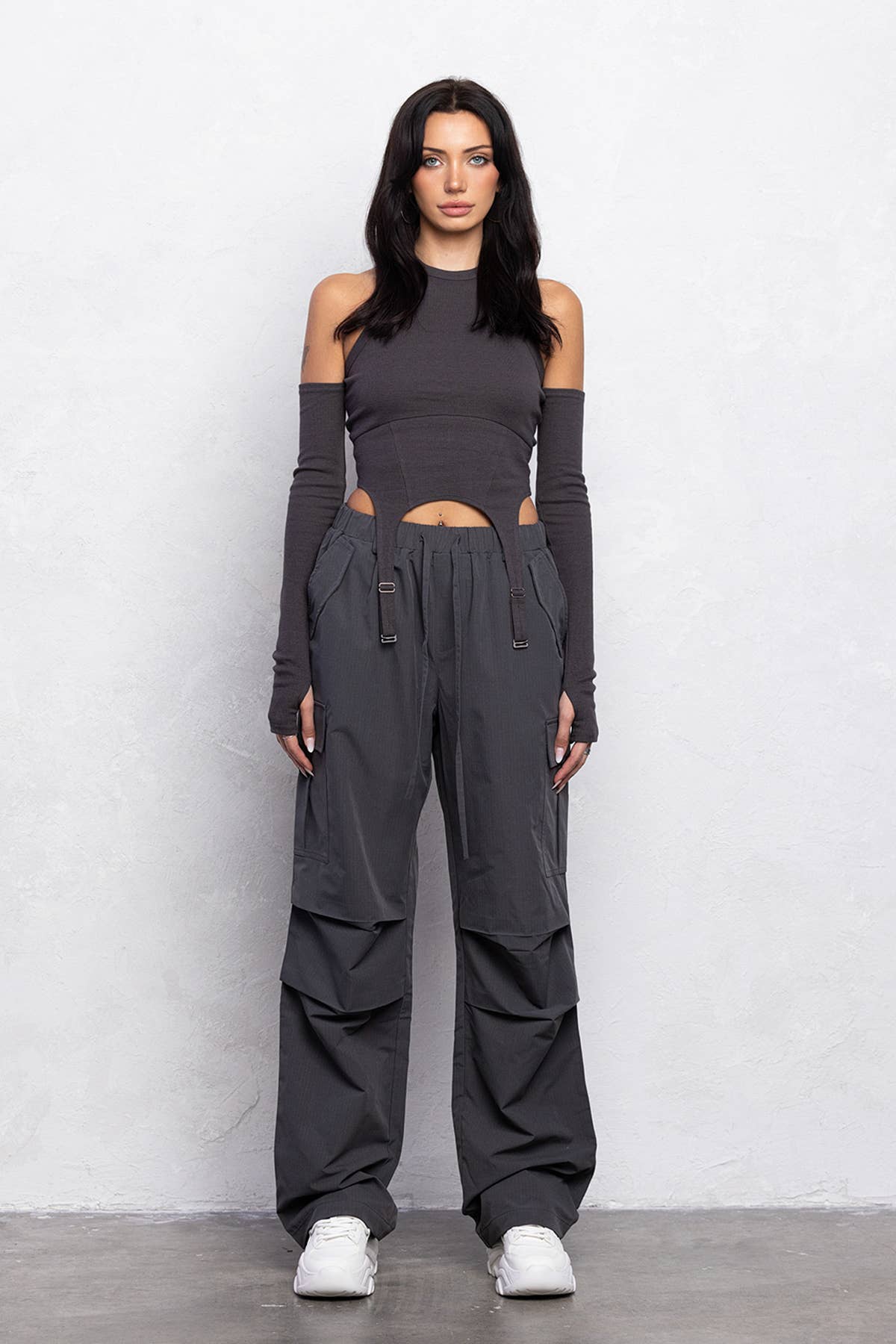 Ribbed buckle detail cami top w/ attached sleeves