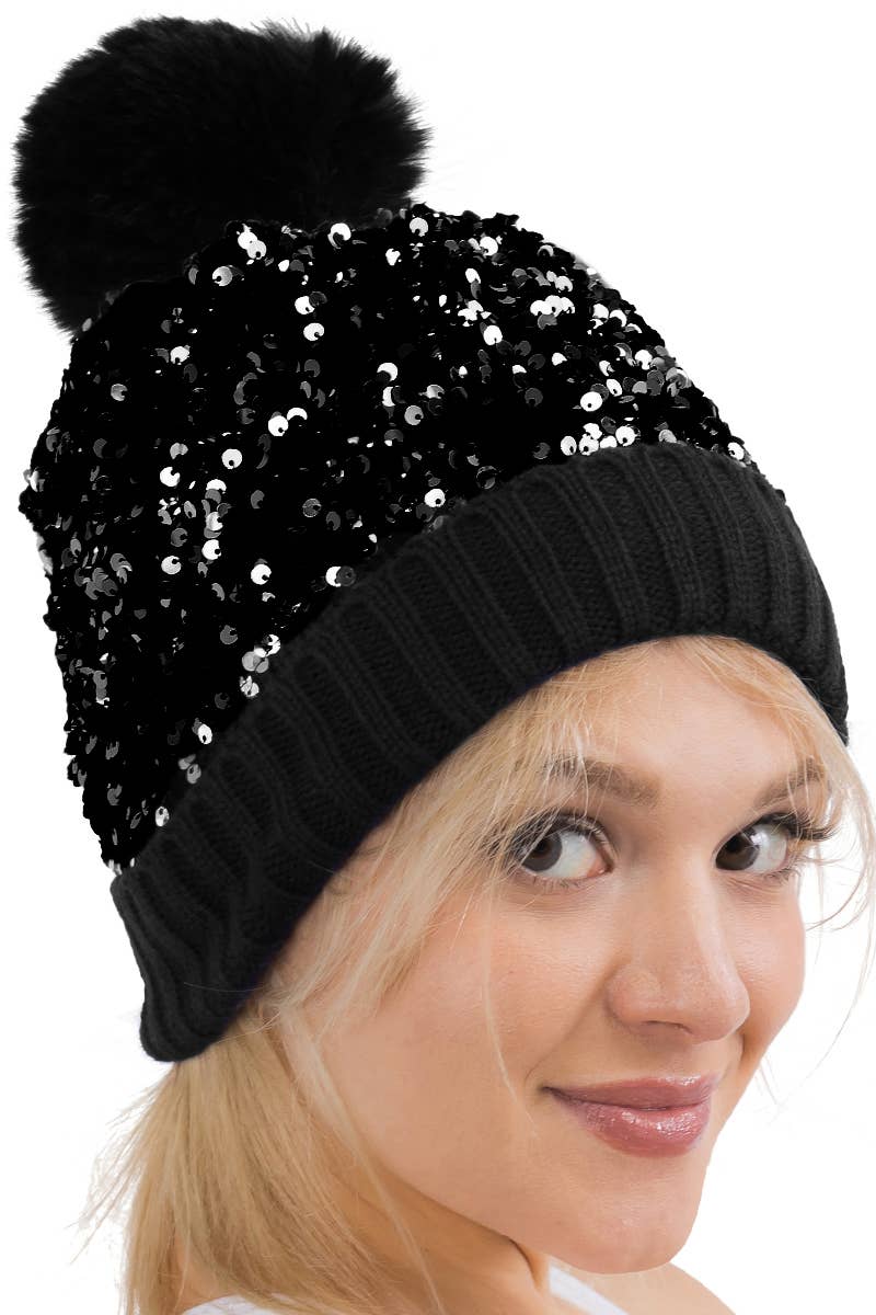 Bedazzled Metallic Sequins Knitted Pom Pom Beanie