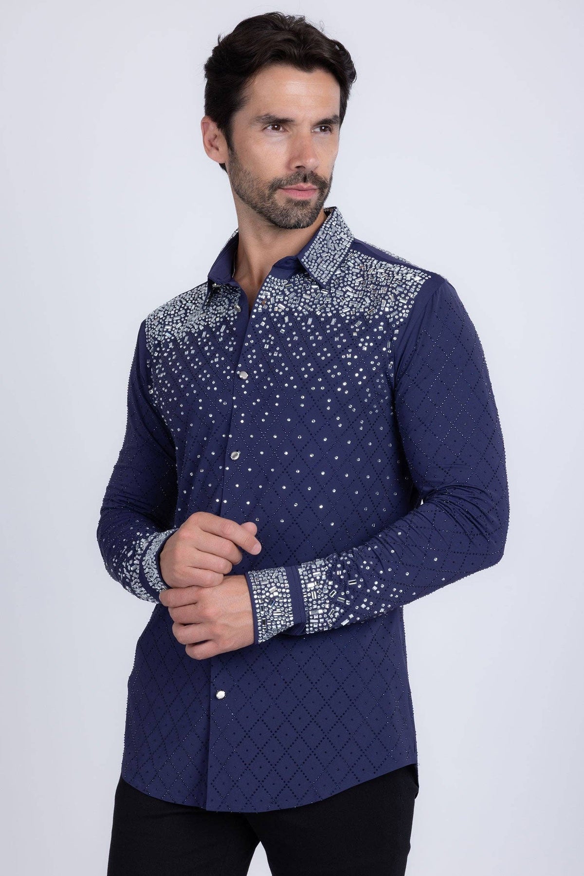 Men's Rhinestones Geometric Long Sleeve Shirts
