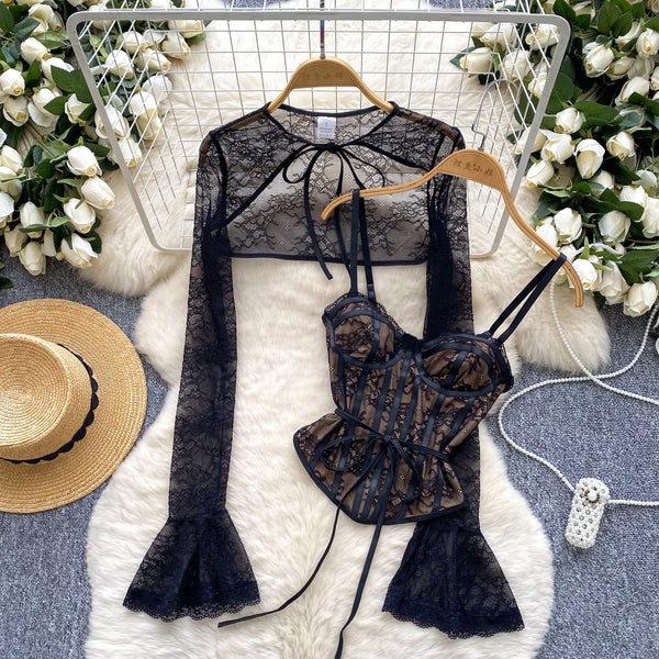 Black Lace Sleeves and Bustier Top