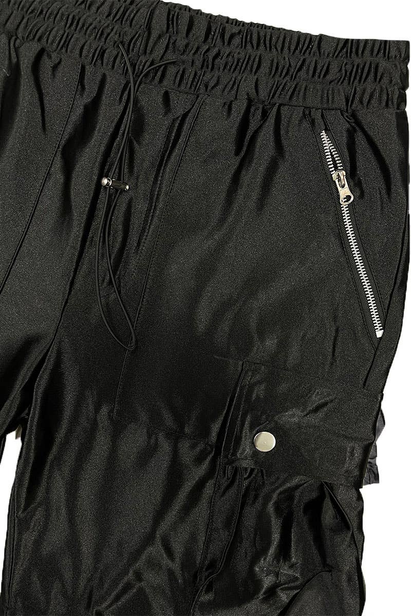 Mens Satin Cargo Utility Shorts with Snap Button Pockets