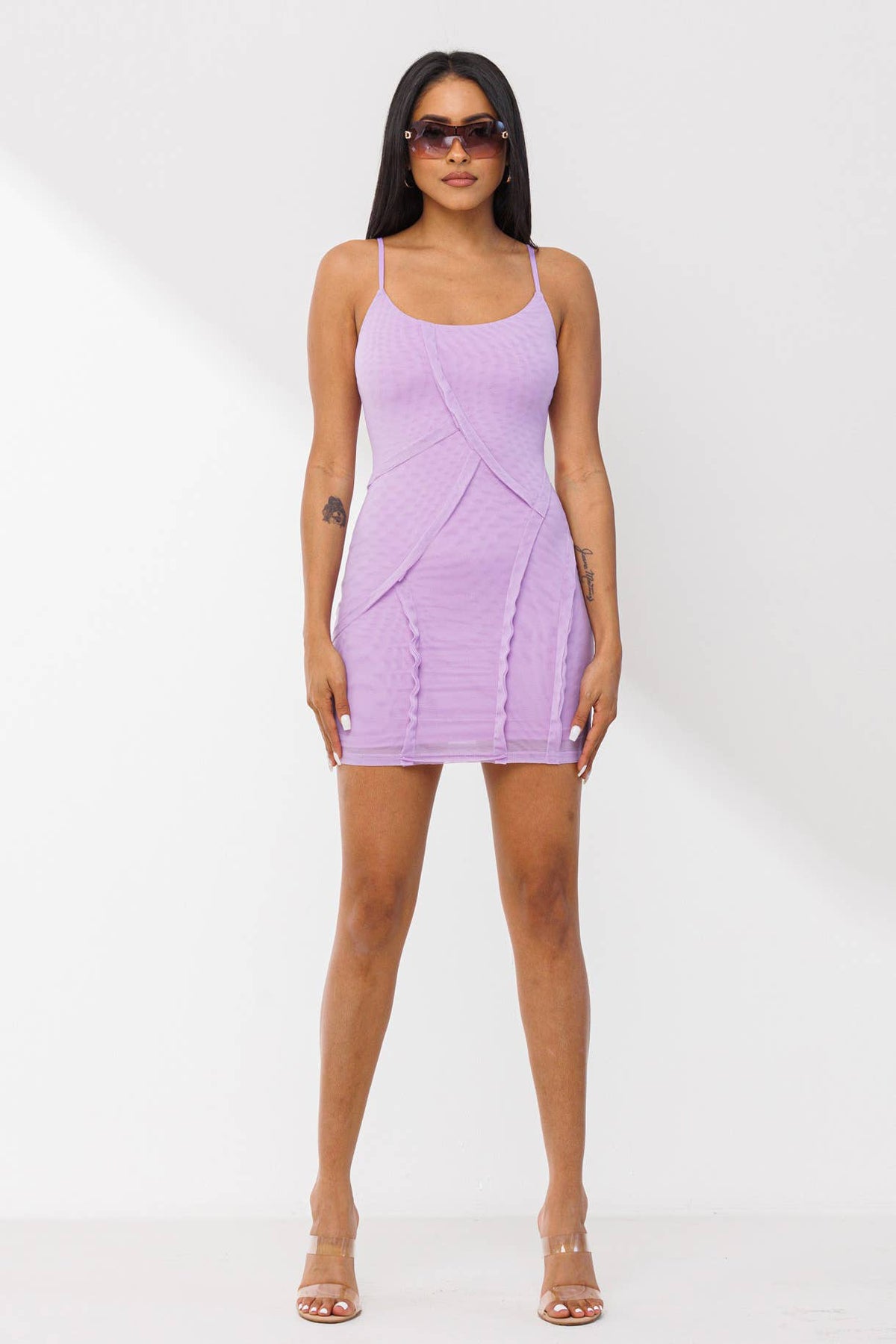 Soft mesh diagonal line detail open back mini dress