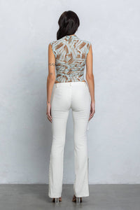 Printed mesh mock-neck sleeveless bodysuit