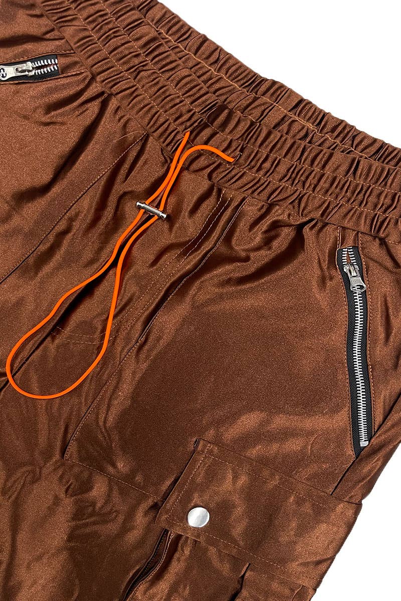 Mens Satin Cargo Utility Shorts with Snap Button Pockets