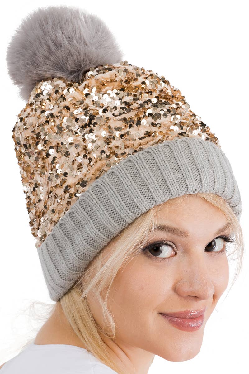 Bedazzled Metallic Sequins Knitted Pom Pom Beanie
