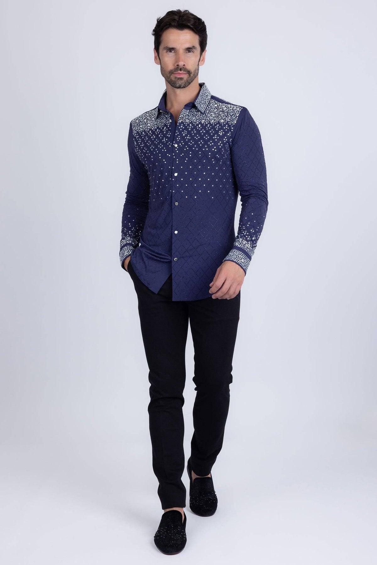 Men's Rhinestones Geometric Long Sleeve Shirts